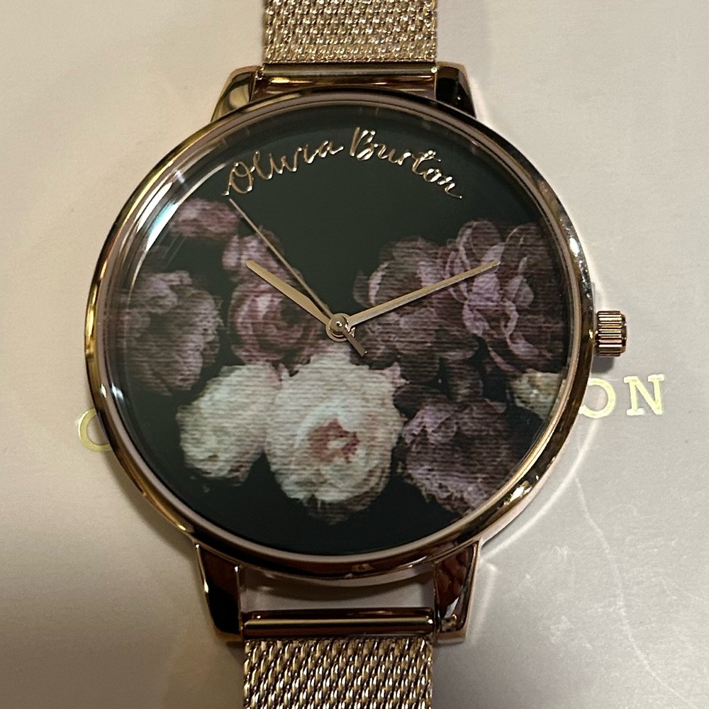 Olivia Burton FineArt Watch With 38mm Black Floral Face & RoseGold Meshb…